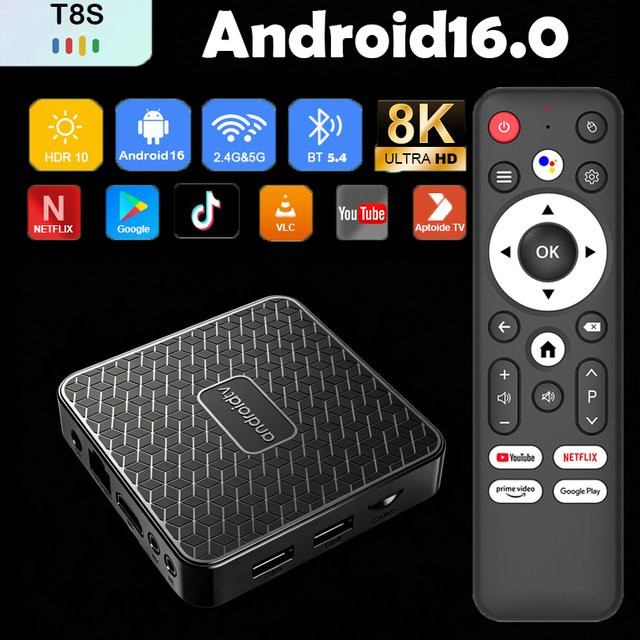 Android 16 Smart TV Box Rockchip RK3518 T8S Media Streamer mit 8K Video, Wifi6 und Bluetooth 5.4 in Schwarz - Bild 1