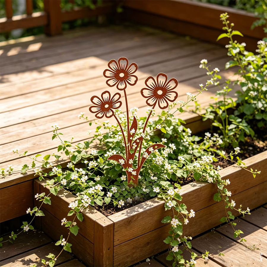 Schmiedeeiserner Gartendekorationsspieß in Braun mit floralem Design für Garten und Blumenbeete - Bild 2