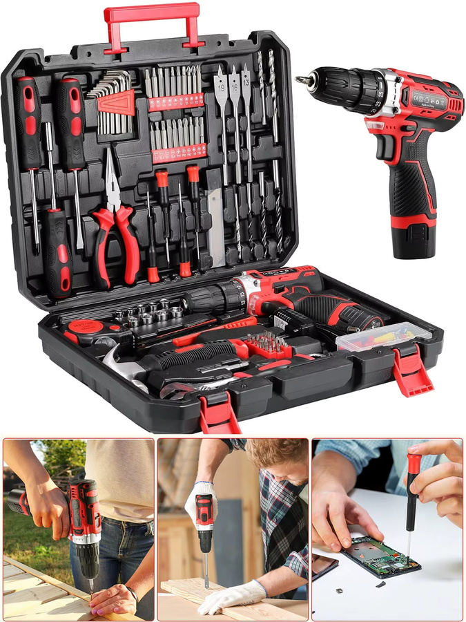 TLGREEN Werkzeugkasten mit 138-teiligem Set inklusive 12 V Akkuschrauber und Bohrset für Reparaturen und Wartung - Bild 6