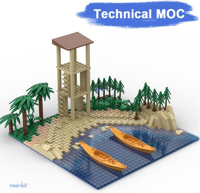 wishiot Tropische Insel Strand Küstenlinie Aussichtsturm Palmen, Bausatz, 979 Teile - Bild 1