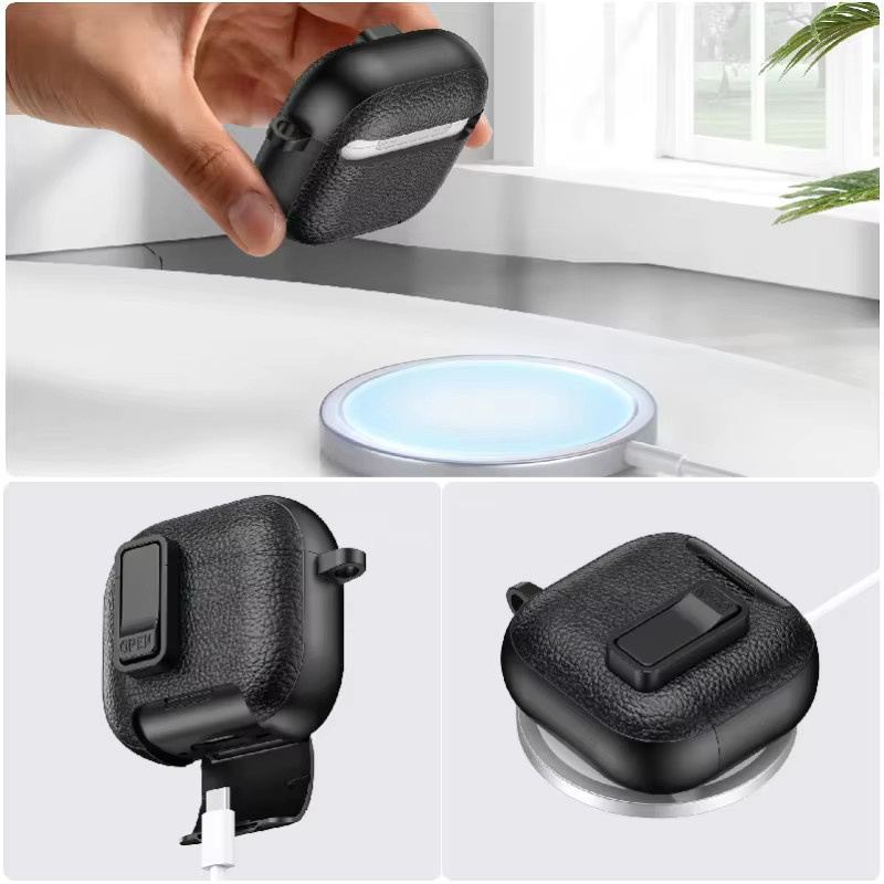 Stoßfeste Leder-Schutzhülle mit Schloss für Apple AirPods Pro, erhältlich in Schwarz oder Weiß - Bild 2