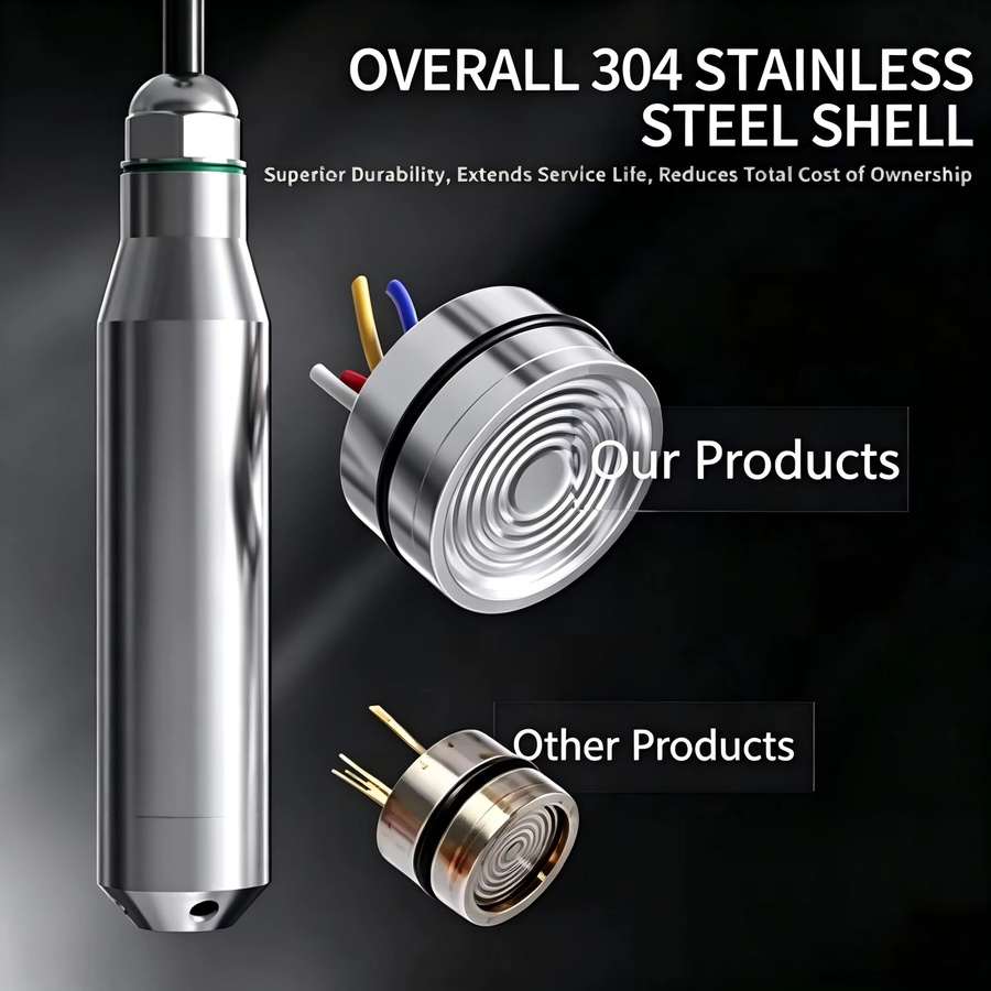 XUYANGQIDIAN Flüssigkeitsstandsensor-Transmitter in Silber mit DC24V oder DC5V Stromversorgung und wählbarem Ausgang 4-20mA, 0-10V oder 0-3.3V für Messbereiche von 0-2m bis 15m - Bild 2