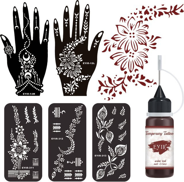 EYIR Mandala-Blumen-Handschablonen mit weinroter Tattoo-Paste, Unisex - Bild 1