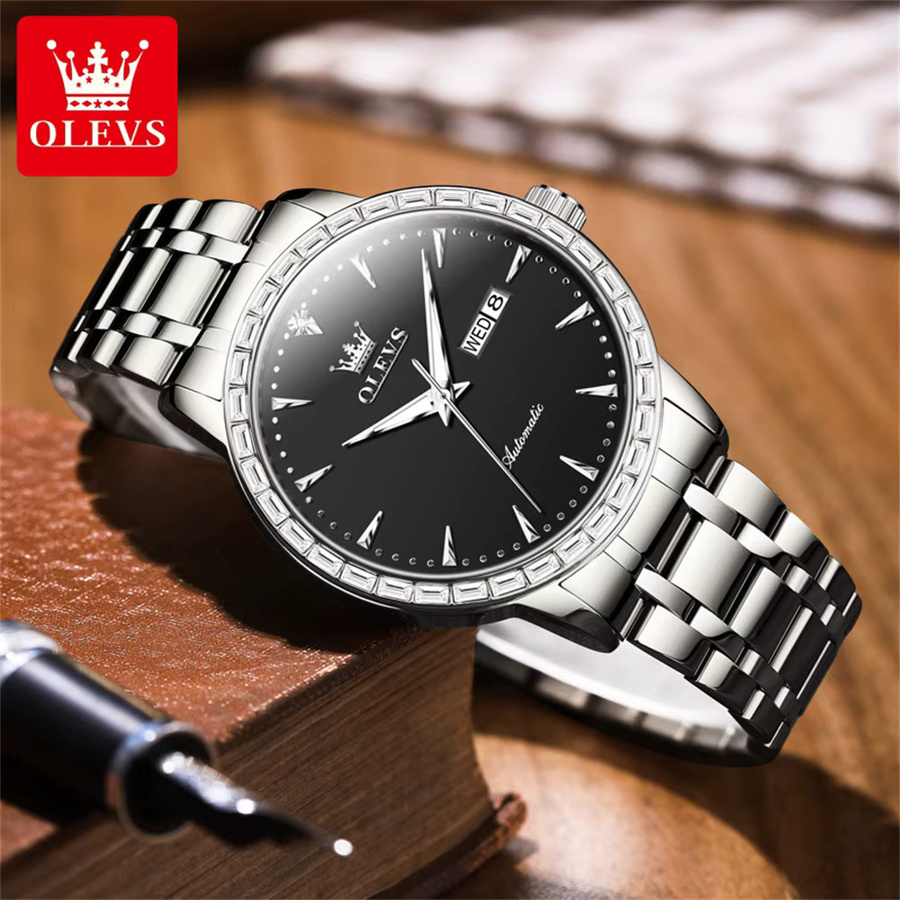 OLEVS Armbanduhr, Automatik, Edelstahl, Diamant, Herren, Schwarz, Silber - Bild 4