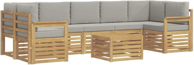 vidaXL Outdoor-Sofagarnitur 8-teilig in L-Form aus Akazienholz mit Polsterkissen, Weiß-Hellgrau - Bild 1