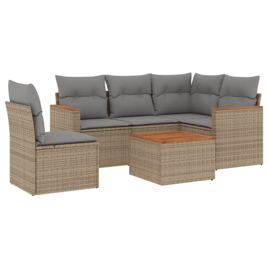 vidaXL 6-tlg Garten-Sofagarnitur L-Form in Beige aus Poly-Rattan mit Kissen und Akazienholz - Bild 2