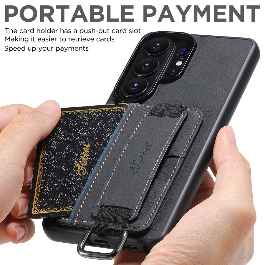 Samsung Kunstleder Handyhülle mit Kickstand, Handschlaufe und Brieftaschenfunktion in Schwarz für Galaxy S26 Ultra S25 Plus S24 S23 S22 Note20 Ultra - Bild 4