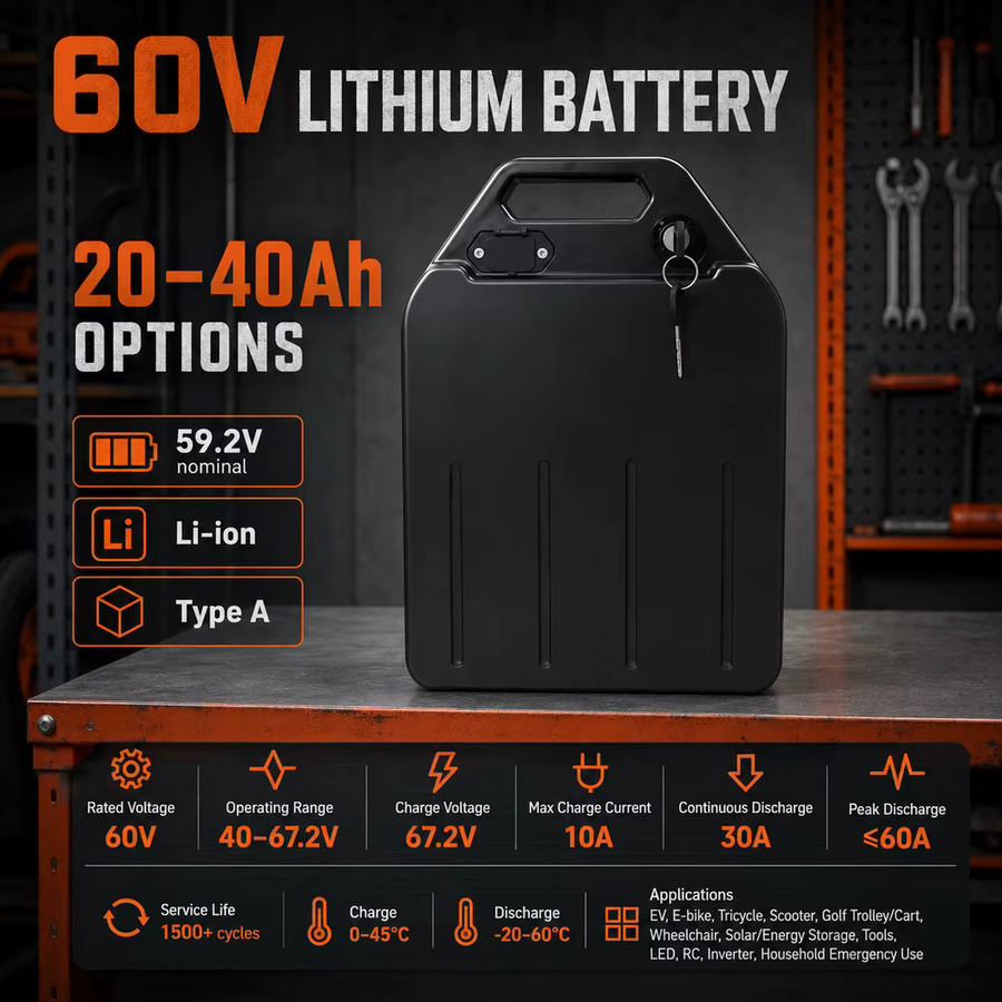 Ddadache Lithium-Ionen-Akkupack 60V 30Ah 1800Wh in Schwarz, Wasserdichter Akku mit 18650 Zellen für Elektroroller und Motorrad - Bild 2