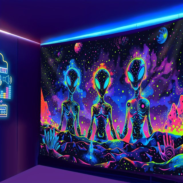 VIKAMA Alien Wandteppich in Multicolour mit psychedelischem Neonmusik-Design für dein Schlafzimmer oder Spielzimmer - Bild 1