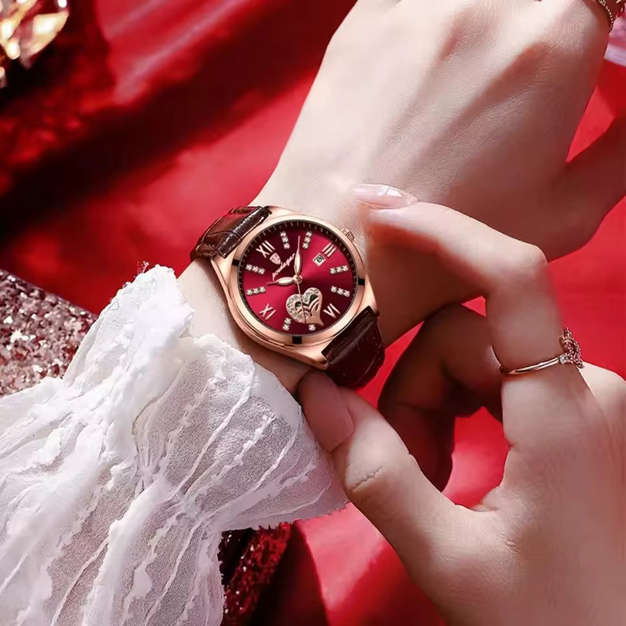 POEDAGAR Armbanduhr, Quarz, Leder, Roségold, Damen, Datum - Bild 5