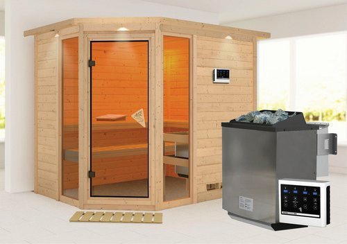 Karibu Sauna Kohila 3 Bio-Kombi-Sauna für 4 Personen in Beige mit 9 kW Bio-Kombi-Saunaofen und externer Steuerung, B/T/H: 264 x 198 x 212 cm - Bild 1