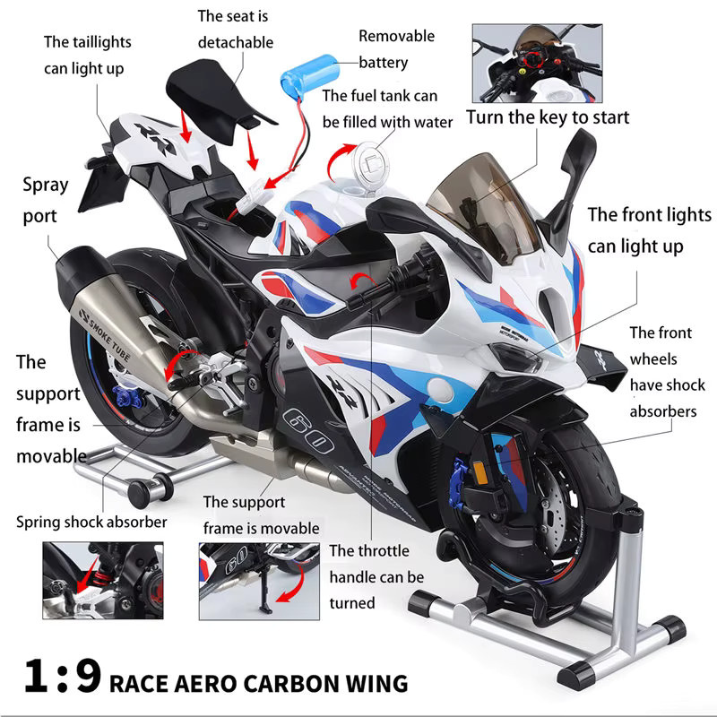 MAKEDA Sportmotorrad M1000RR S1000RR, Rennmotorrad-Modell, 1:9, mit Sound, Licht und Sprühfunktion - Bild 4