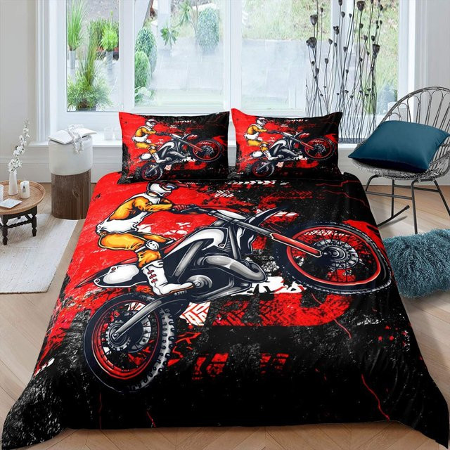 Bettwäsche Set Binchi Outdoor Product Motocross Fahrer 3D Design aus Mikrofaser in Rot Schwarz B/H: 135 x 200 cm - Bild 1