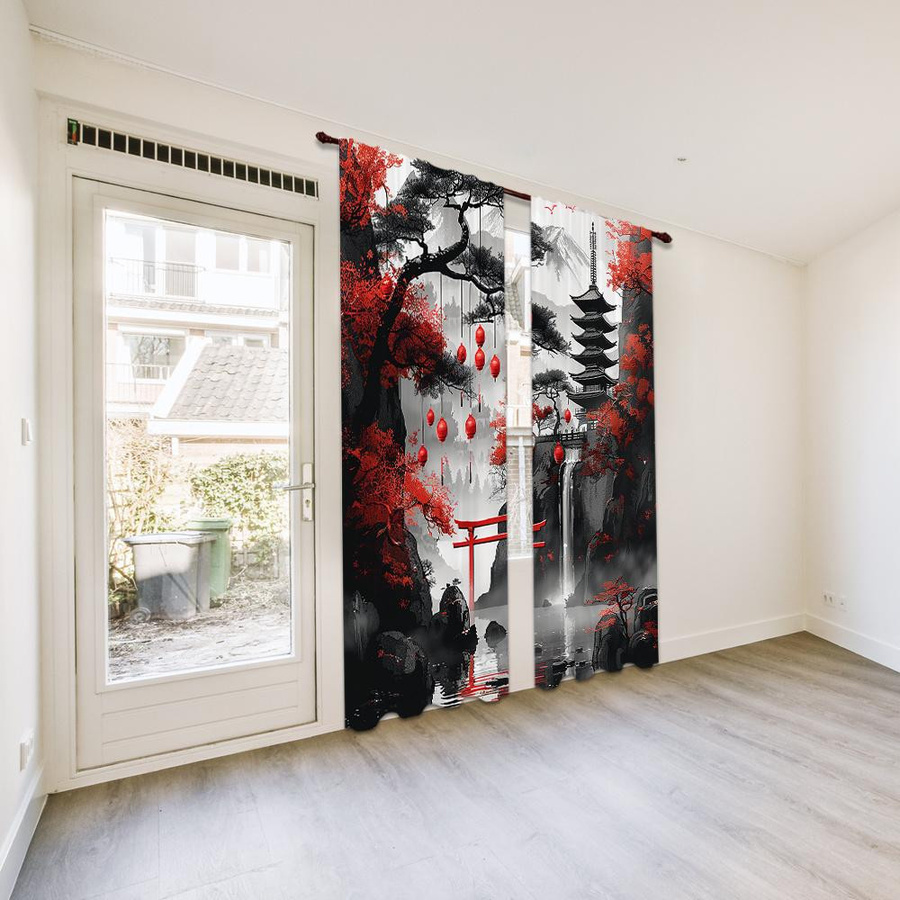 Yiran Furniture 2-teiliger halbverdunkelnder Vorhang mit japanischem Landschafts- und Torii-Tor-Design aus Polyester, Mehrfarbig, B: 100 cm, H: 130 cm - Bild 4