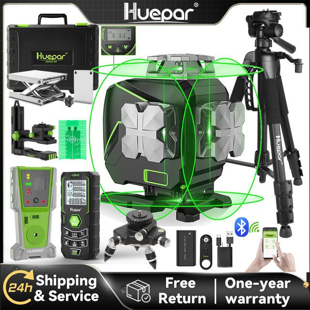 Huepar S04CG-C Set 4D Kreuzlinienlaser Level mit 16 Linien, LCD, Bluetooth, Fernbedienung, Detektor, Stativ und Entfernungsmesser in Schwarz - Bild 1