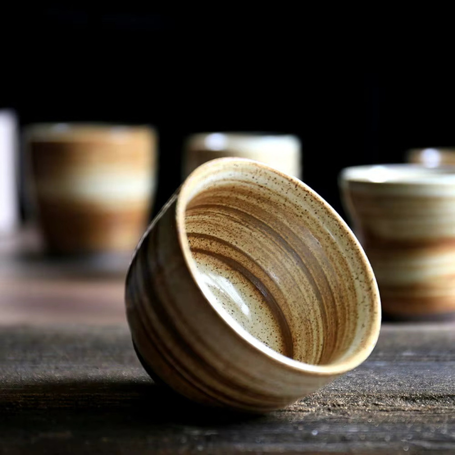 Handbemalte japanische Raku-Keramiktasse mit Streifenmuster für Tee und Kaffee, 100 ml - Bild 3