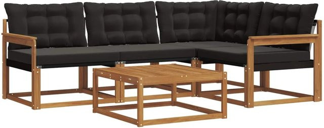 vidaXL Outdoor-Sofagarnitur 5-teilig in L-Form aus Akazienholz und Textilene mit Kissen, Schwarz und Natur - Bild 1