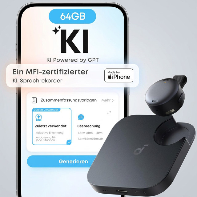 soundcore Work by Anker KI Stimmrekorder Digitales Diktiergerät mit KI-Schreibfunktion und Spracherkennung in Schwarz mit 64GB Speicher - Bild 1