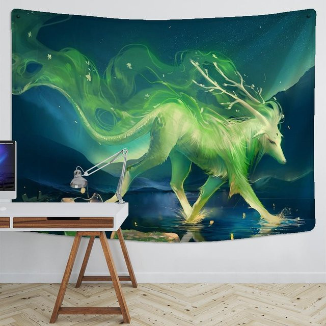 Wandteppich Super Six mit psychedelischem Cartoon-Print von Einhorn und Stier, Boho Wandbehang in Grün, Breite: 95 cm, Höhe: 70 cm - Bild 1