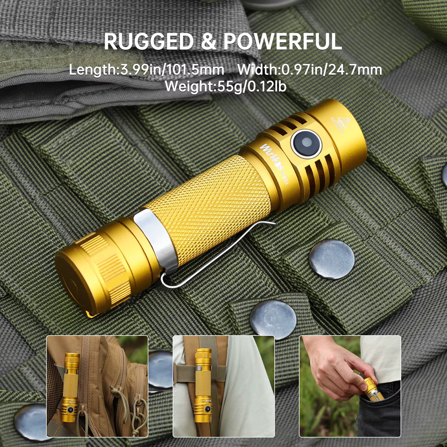Wurkkos Golden WK03 519A EDC-Taschenlampe in Gold/Messing mit 1200 lm, hohem CRI, IPX8-Wasserdichtigkeit und magnetischem Ende - Bild 4