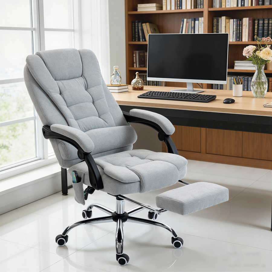 Vinsetto Ergonomischer Bürostuhl mit Massagefunktion und Heizung in Hellgrau mit Leinenoptik und Fußstütze - Bild 2