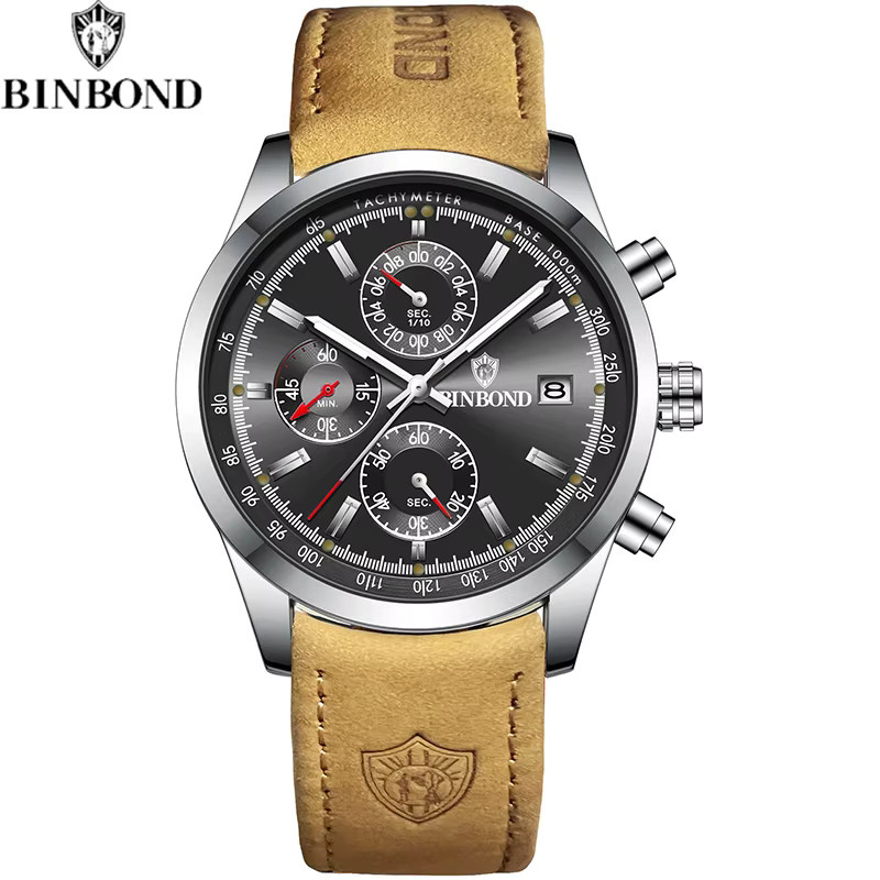BINBOND Chronograph Armbanduhr, Quarz, Leder, Schwarz, Herren - Bild 7