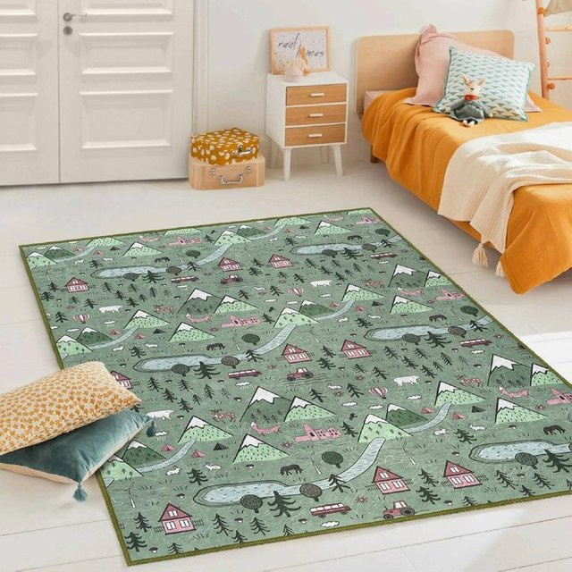 Waschbare Spielmatte Karpetti Dorfkinder Teppich Wald Dschungel Motiv in Grün, B/H: 60 x 90 cm - Bild 1