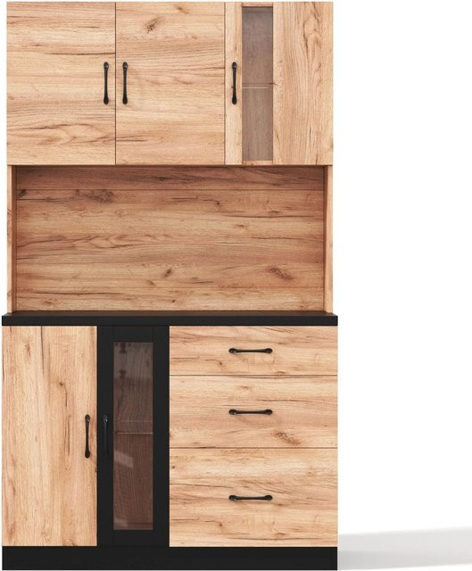 okwish Küchenhochschrank mit LED-Beleuchtung und verstellbaren Einlegeböden in Natur und Schwarz, B/T/H: 105 x 40 x 180 cm - Bild 1
