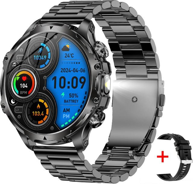 MEVADEN Herren Smartwatch mit 1,85 Zoll Runddisplay, Bluetooth Anruf, Herzfrequenzmesser, Sport-Fitness-Tracker und Edelstahlarmband, Schwarz - Bild 1