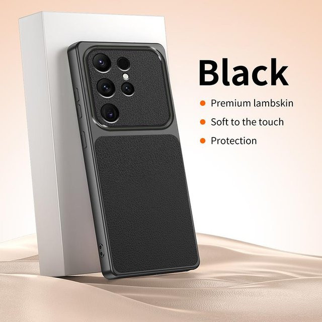 Lammleder Kameraschutz Hülle und Silikonhülle für Samsung Galaxy S26 Ultra S25 S24 S23 S22 S21 Ultra Plus FE in Schwarz und Transparent - Bild 1