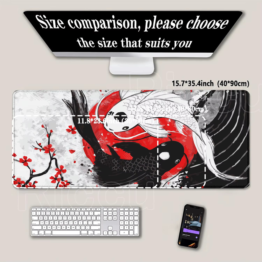 Riccu XXL Gaming Mauspad Koi Fish Yin-Yang Design Schwarz und Weiß B: 90 cm, T: 40 cm - Bild 2