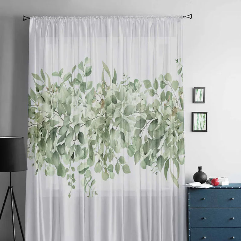 Super Six Transparentes Chiffon-Fensterdekoration mit Eukalyptus-Blatt Aquarell-Print, Farbe: Weiß, Breite: 135 cm, Höhe: 114 cm - Bild 2