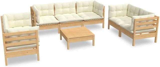vidaXL 8-tlg Garten-Lounge-Set Modell 4 aus massivem Kiefernholz mit cremeweißen Polstern in L-Form - Bild 1