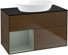 V&B Waschtischunterschrank Finion 100 in Platin Blau matt mit Regal in Olivenholz lackiert, Breite: 100 cm, Höhe: 50,1 cm, Tiefe: 50,1 cm - Bild 1
