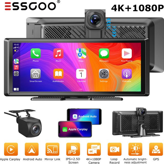 ESSGOO Universelles tragbares CarPlay Autoradio mit 8,1 Zoll 4K+1080P Dual-Objektiv Dashcam, Android Auto, Bluetooth, AUX und Rückfahrkamera in Schwarz - Bild 1
