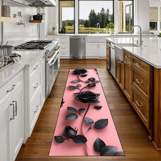 VIKAMA Black Rose Teppich mit floralem Design in Schwarz und Pink für Wohnzimmer, Schlafzimmer oder Küche, Rechteckig, Breite: 120 cm - Bild 1