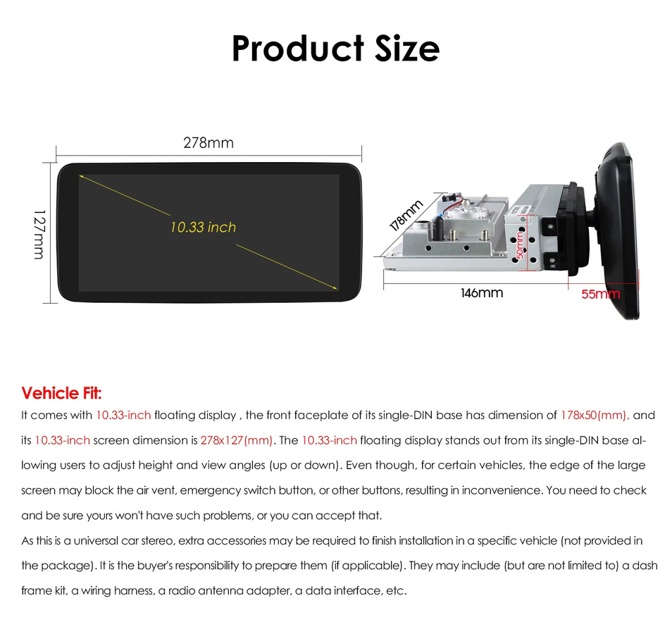 OSSURET 1 DIN Universal Android Auto Radio Multimedia Video Player mit 10,33 Zoll drehbarem Touchscreen, Carplay, DSP und WIFI, Schwarz - Bild 5