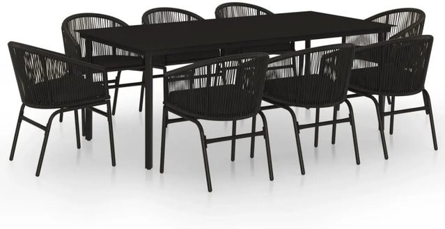 vidaXL 9-teilige Garten-Essgruppe in Schwarz aus pulverbeschichtetem Stahl mit gehärtetem Glas und wetterfesten Kissen - Bild 1