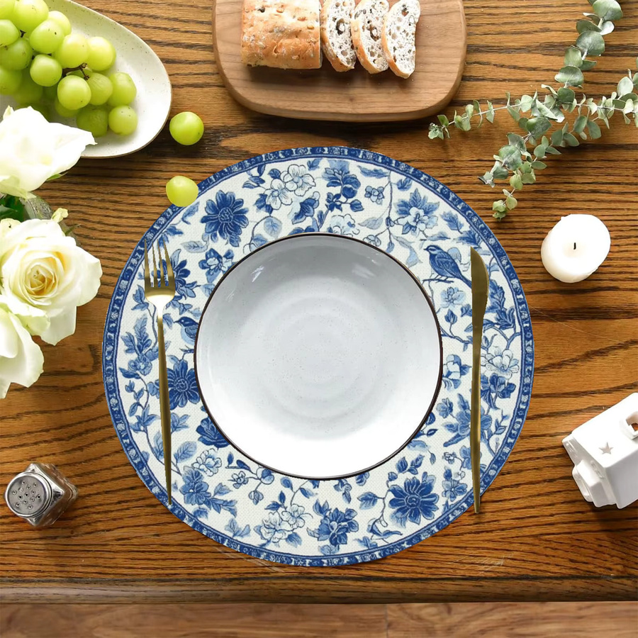 VIKAMA 4-teiliges Porzellan-Tischset im Vintage-Stil mit floralem Design, Blau-Weiß, für die chinesische Teezeremonie - Bild 2