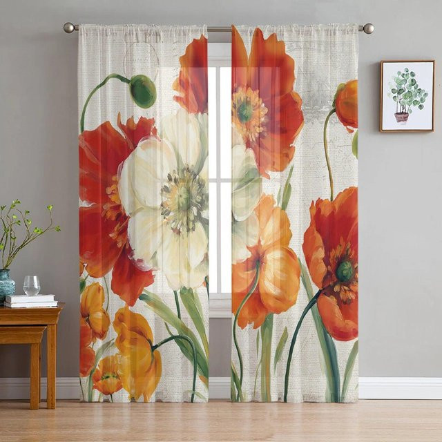 Transparente Chiffon-Vorhänge von A Family Of Home Textiles mit Vintage-Blumenmuster in Braun, B: 135 cm, H: 114 cm - Bild 1