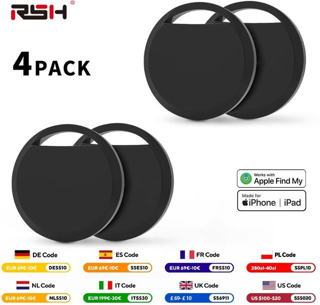 RSH 4-teiliges Anti-Verlust-GPS-Tag Set in Schwarz, Bluetooth-Tracker für Apple Airtag und Gepäck, kompatibel mit der Find My App für iOS - Bild 1