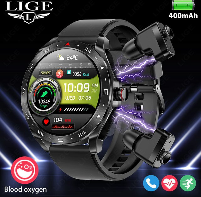 LIGE Smartwatch mit integriertem Bluetooth-Ohrhörer und Lautsprecher, AMOLED-Bildschirm, wasserdicht, in Schwarz oder Rot - Bild 1
