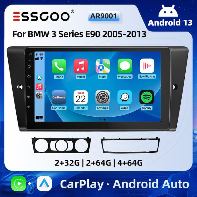 ESSGOO Android 13 Autoradio mit 9 Zoll Touchscreen, Carplay, Android Auto, GPS und Bluetooth für BMW 3er E90 E91 E92 E93 (2005-2013), Schwarz - Bild 1