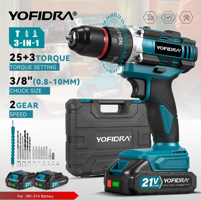 YOFIDRA 3in1 Akku-Schlagbohrmaschine mit 25+3 Drehmomentstufen für Makita 21V Batterien - Bild 1