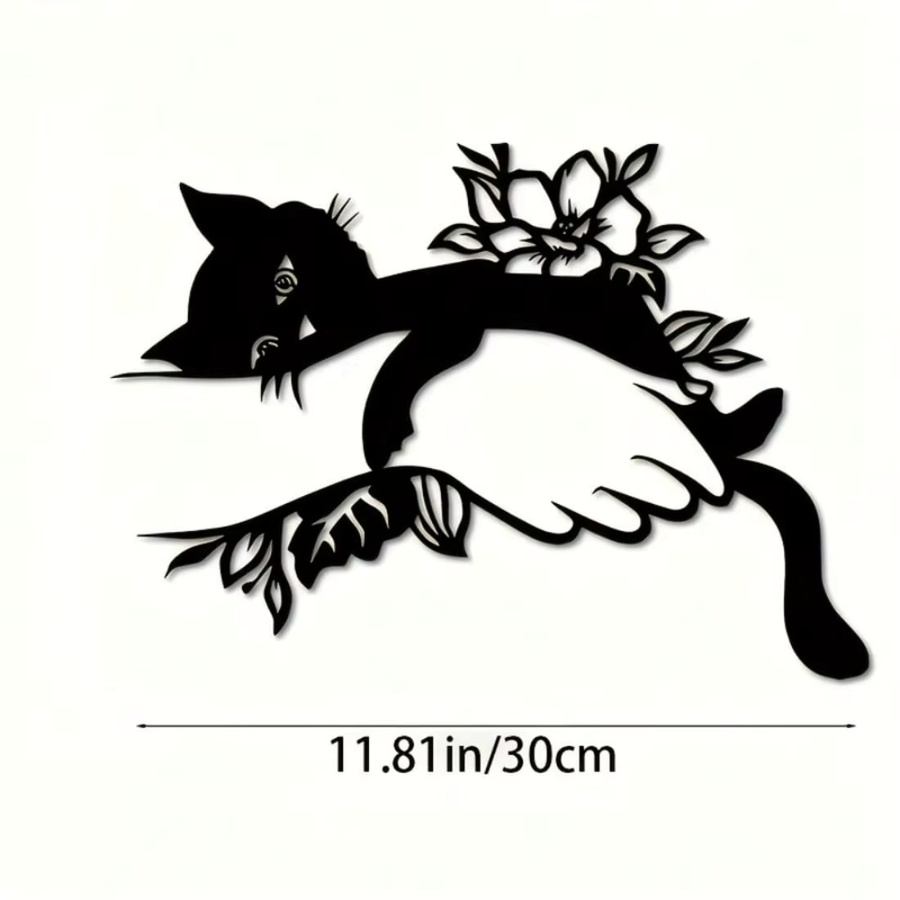 CIFBUY Art-Deco Wandkunst aus Metall mit Katze und Blumen in Schwarz für Innen und Außen - Bild 2