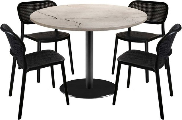RestooTab Esstisch-Set Rome XL mit 4 Stühlen, runder Esstisch in Wollweiß/Marmoriert mit schwarzem Gestell, Durchmesser: 120 cm, Höhe: 75 cm - Bild 1