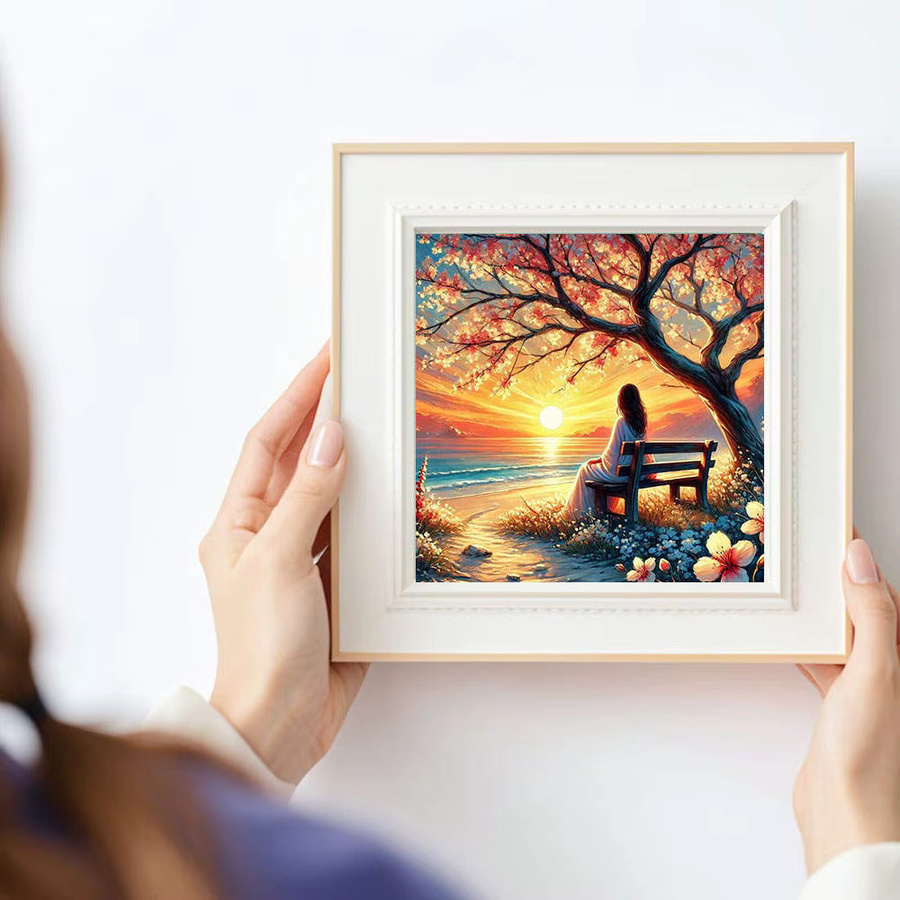 HUACAN Diamant-Malerei Set Friedlicher Sonnenuntergang mit Frau, 5D Diamant-Stickerei und 3D-Mosaik-Kunst-Dekor aus Acryl, B/H: 20 x 20 cm - Bild 3