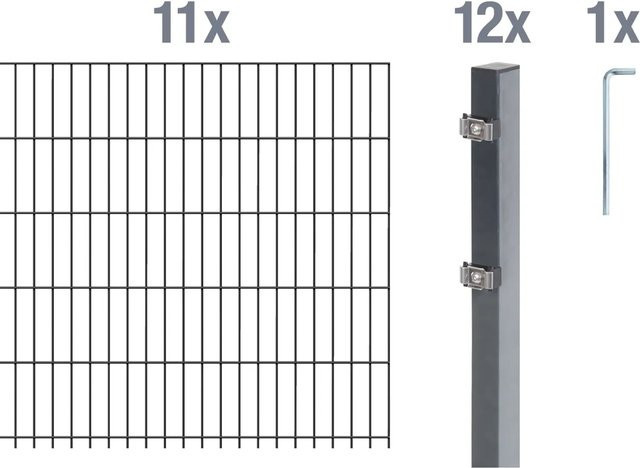 Metallzaun Grund-Set Doppelstabmatte aus Stahl, anthrazit beschichtet, 11 x 2 m x 1,6 m (Höhe: 1,6 m, Breite: 2 m, Tiefe: 50 cm) - Bild 1