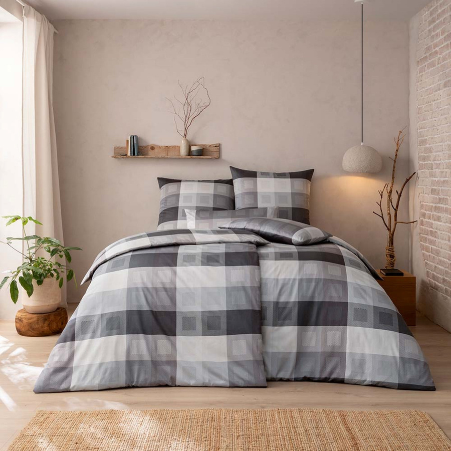 Estella Schweizer Premium Mako-Satin Bettwäsche Armando Anthrazit Karo mit Bettbezug und Kissenbezug, B/H: 135 x 200 cm, B/H: 80 x 80 cm - Bild 1