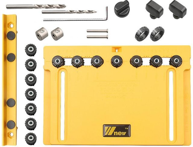 Kkmoon Schrank-Hardware-Vorrichtungsschablone aus Stahl, verstellbare Dübel-Bohrführung und Locher-Locator für die Holzbearbeitung, Set B, Gelb - Bild 1